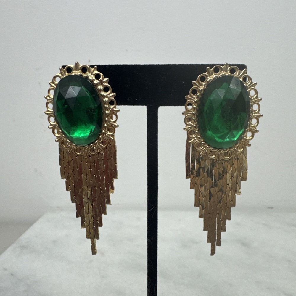 Green Acrylic Rhinestone Silver Tone Cobra Link Chain Fringe Pierced Earrings 3"